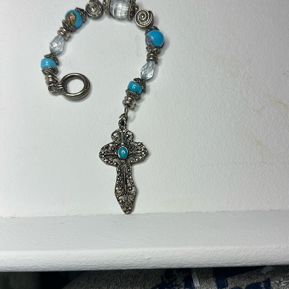 Silver toned  and Turquoise Cross string of beads